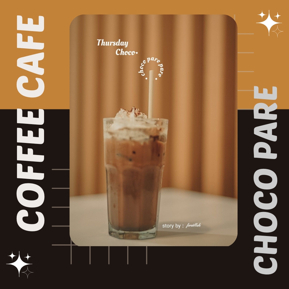 A stylish coffee café promotional poster featuring a tall glass of iced chocolate coffee topped with whipped cream. The drink is centered against a warm caramel curtain background, with bold vertical text reading "COFFEE CAFE" and "CHOCO PARE" on either side, creating a modern and premium café aesthetic.