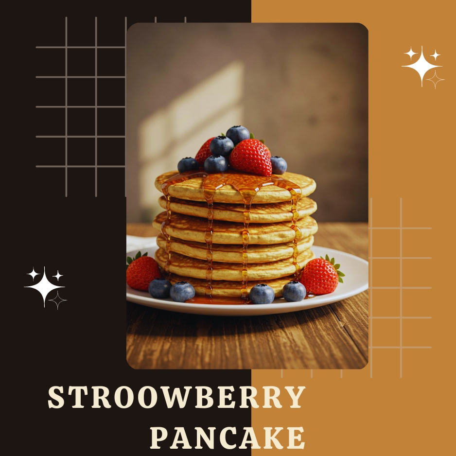 A delicious stack of golden pancakes topped with fresh strawberries, blueberries, and maple syrup, served on a white plate. The design features a modern brown and caramel-colored background with decorative grid elements and the text "STROOWBERRY PANCAKE."