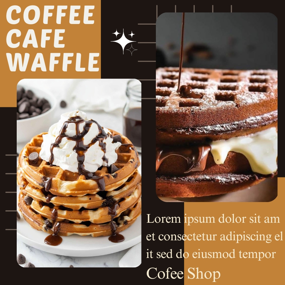 A stylish coffee café promotional poster featuring two delicious waffles. One waffle stack is topped with whipped cream, chocolate syrup, and chocolate chips, while the other showcases a rich chocolate and cream-filled waffle sandwich. The design uses warm brown and caramel tones with modern typography